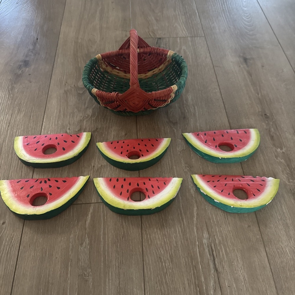 6 Wood Watermelon Napkin Rings Seeds Rind Melon & Basket To Store Them In